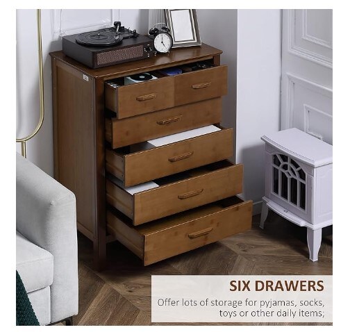 Bedroom Tall Dresser, Six-Drawer Dresser, Drawer Chest with Bamboo Frame, Brown