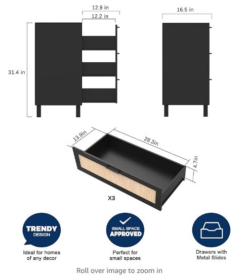 Durable Modern Luxury Furniture Decorative 3-Drawer Dresser, Oxford Rattan Chest of Drawers End Cabinets Storage Corner Bedside Table for Bedroom, Living Room, and Entryway (Black)
