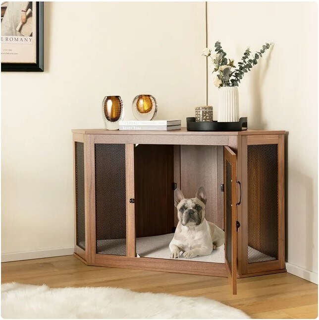 Wooden Corner Dog Crate Furniture Pet Kennel End Table Cage w/ Door &#x26; Mesh