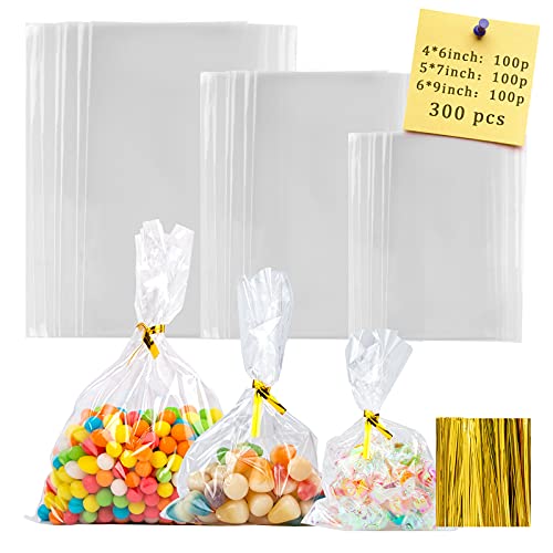 Labeol 300pcs Cellophane Treat Bags with Ties, Clear Goodie/Gift Bags For Candy, Cookie, Party Favor, Packaging, 6X9 5X7 4X6