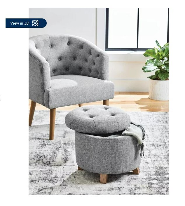 Grey Faux Linen Round Tufted Storage Ottoman