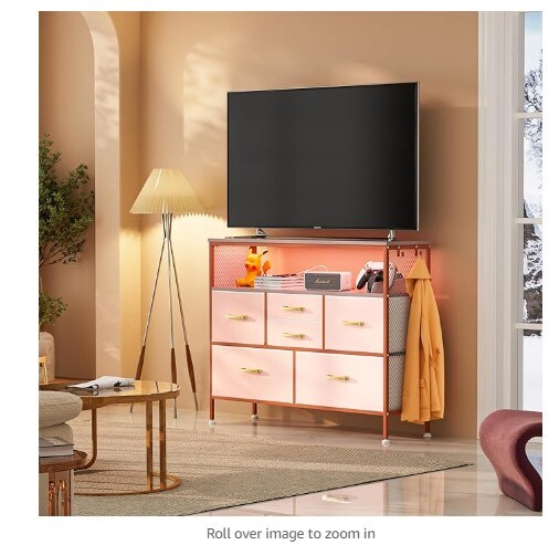 Pink Fabric Chest of Drawers with PU Finish, Six Drawers with Side Pockets and Hooks, Wide Dresser with Shelves for 45&#x22; TV, TV Stand for Bedroom with Power Outlets and LED Lighting