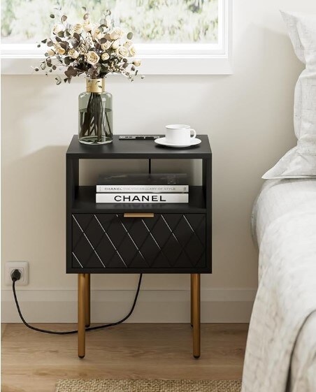 Small Bedside Table with Drawer,Black Night Stand, Bedside Furniture, End Table with Gold Frame,Drawer Dresser for Bedroom,Living Room,Diamond