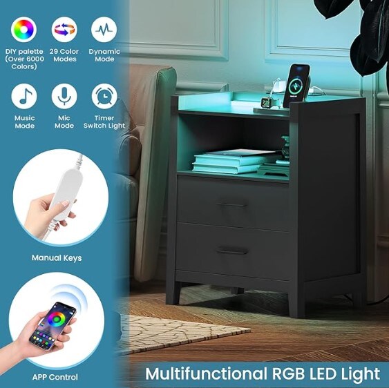 Nightstand with LED Lights and Charging Station, End Side Table with 2 Drawers and Open Storage, Black