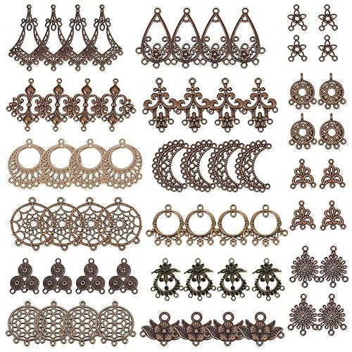 SUNNYCLUE 1 Box 64Pcs Assorted Chandelier Connector Charms Tibetan Style Antique Bronze Flower Dream Catcher Charm Earring Findings Loops Vintage Linking Connectors Charm for Jewelry Making Charms