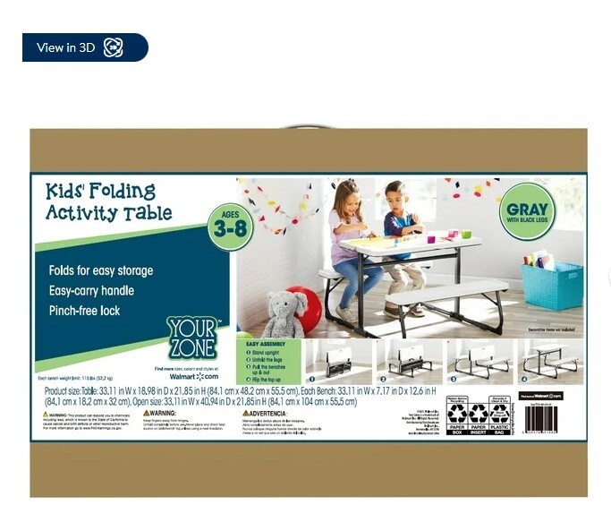Gray Folding Kid's Activity Table for Children Ages 3 to 8, 33.11" x 40.94" x 21.85"