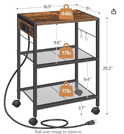 Rustic Brown BF22UPS01 Industrial Printer Stand, 3-Tier Mobile Printer Table, Rolling Cart with Power Outlets and USB Ports, Home Printer Stand with 2 Hooks, for Office, Living Room