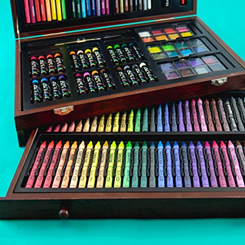 142 Pieces Doodle and Color Art Set in a Wood Carrying Case, Includes 24 Premium Colored Pencils, A variety of coloring and painting mediums: crayons, oil pastels, watercolors; Portable Art Studio