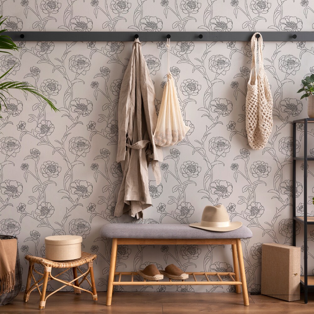 Tempaper Peonies Peel and Stick Wallpaper White/Metallic Black