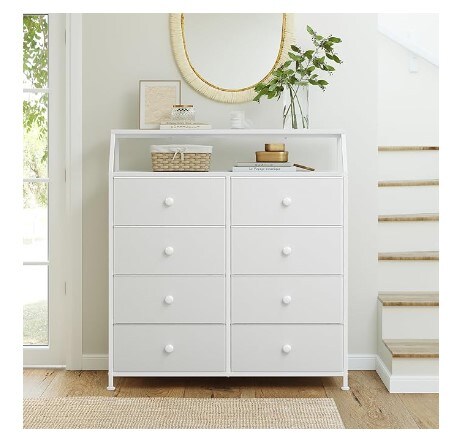 Bedroom Drawer Dresser with Shelves Large Capacity Organizer Tower for Closet with Faux Leather Chest of Drawers Tall Dressers for Living Room Hallway with Wood Top and Sturdy Steel Frame