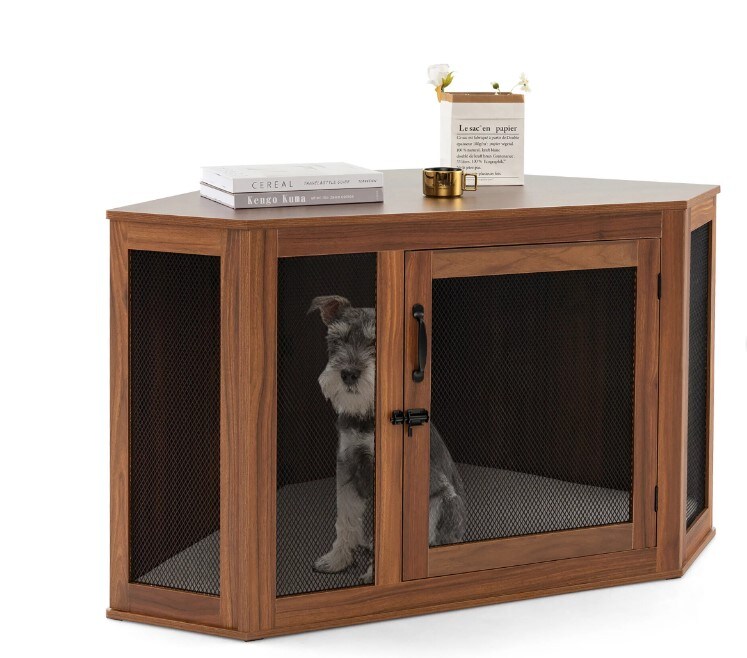 Wooden Corner Dog Crate Furniture Pet Kennel End Table Cage w/ Door &#x26; Mesh