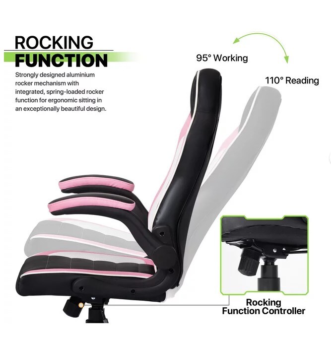 Black/pink PU leather computer gaming office chair with flip-up arms that works as a working desk seat