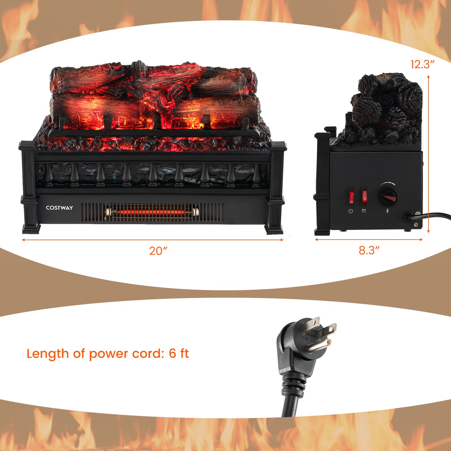 Electric Fireplace Heater with Realistic Ember Bed