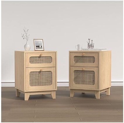 Boho Side Table with Handmade Rattan Decorated Drawer for Bedroom, Living Room