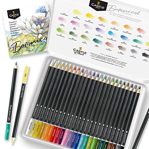 Themed 24 Colored Pencil Set in Tin Box, perfect colors for ‘Botanical’ Art. Featuring quality, smooth colored cores, superior blending & layering performance for great results