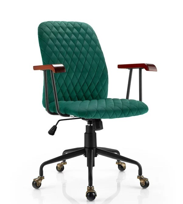 Swivel Adjustable Task Chair with Wooden Armrest Green Velvet Home Office Chair