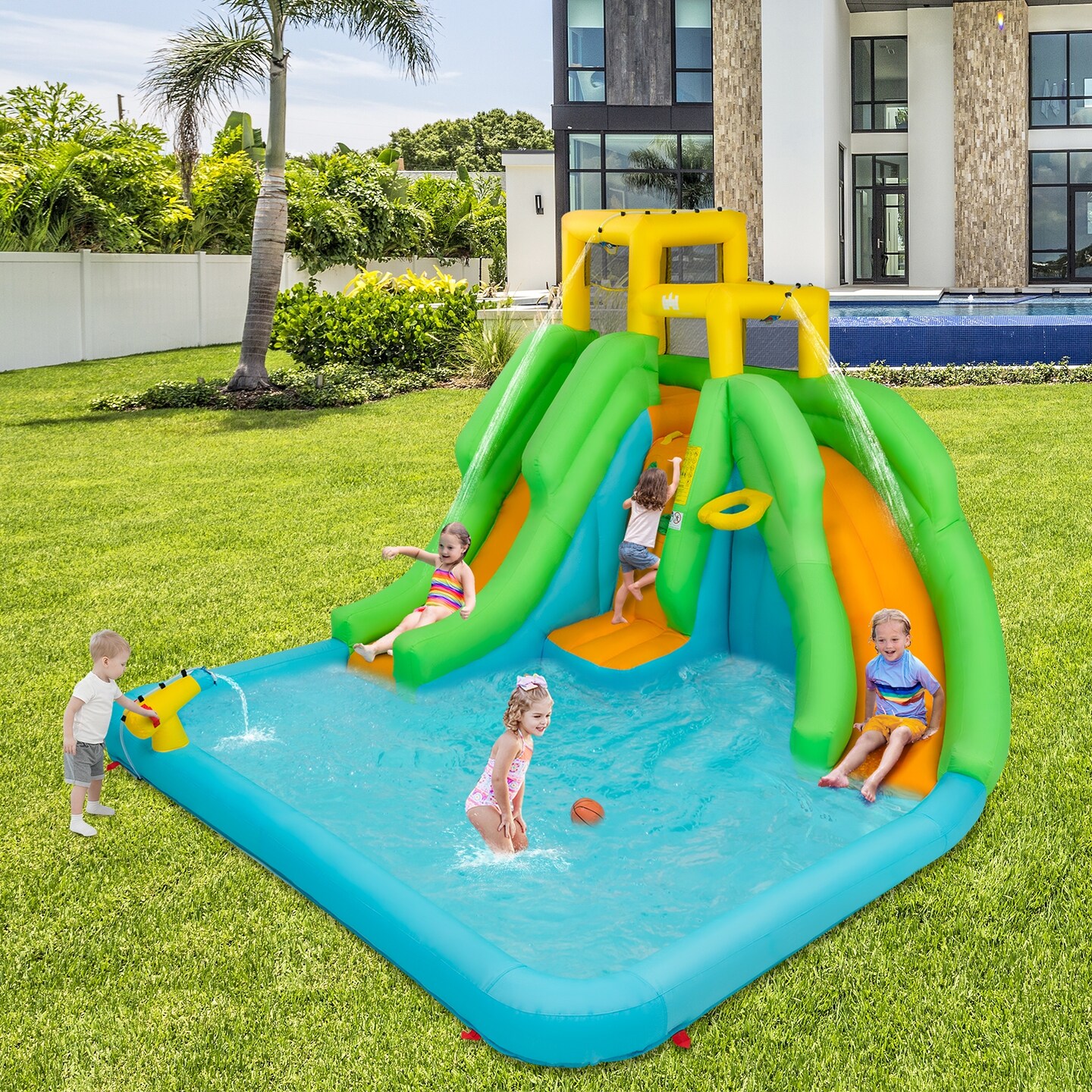 Inflatable Water Park With Double Slides Climbing Wall Splash Pool Basketball