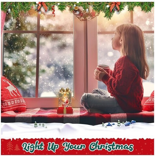 Battery-Operated Christmas Decorations, Christmas Snow Globe Lighted Water Lantern Decorative Gift Box with Swirling Glitter and Santa Claus