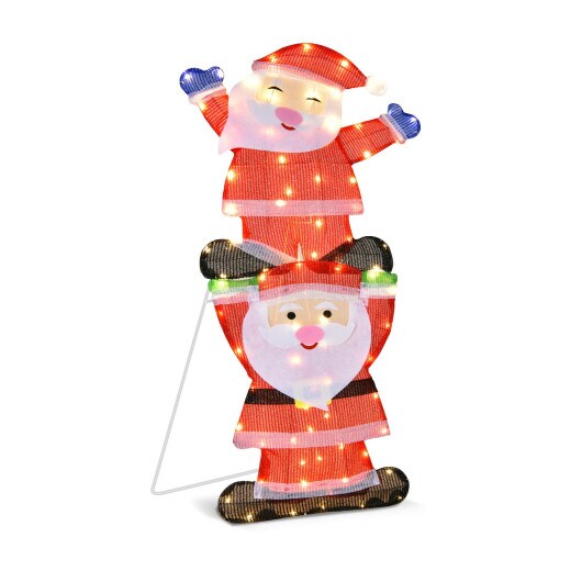 LED Double Santa Yard Sign with String Lights and 4 Stakes