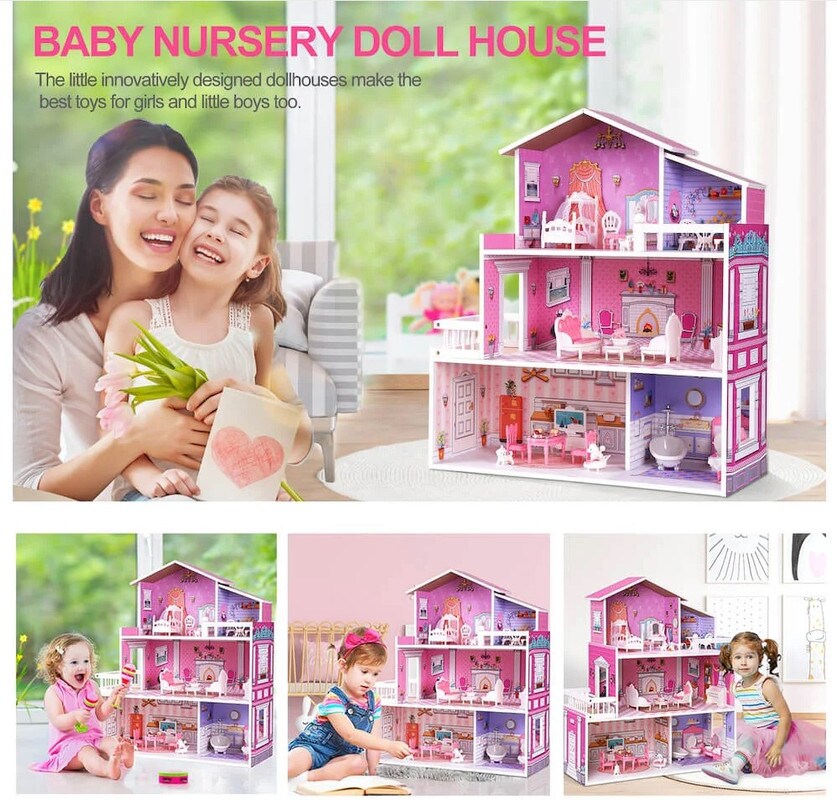 ROBUD Wooden Dollhouse for Kids with 24pcs Furniture Preschool WDH03