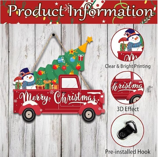 Merry Christmas Door Sign Wall Hanging, Red Car Christmas Door Hanger, Snowman Christmas Tree Door Decor, Winter Welcome Sign 11x11 Inch Christmas Door Decorations