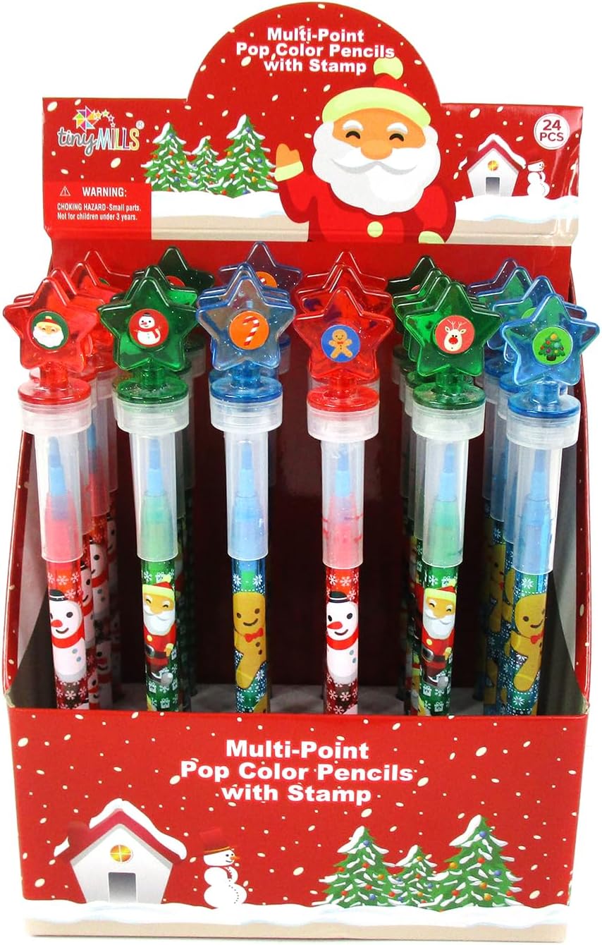 TINYMILLS 24 Pcs Christmas Holidays 2 in 1 Stackable Stacking Crayon with Extra Stamper Topper, Kids Party Favors, Goodie Bag Stuffers, Classroom Rewards, Prizes