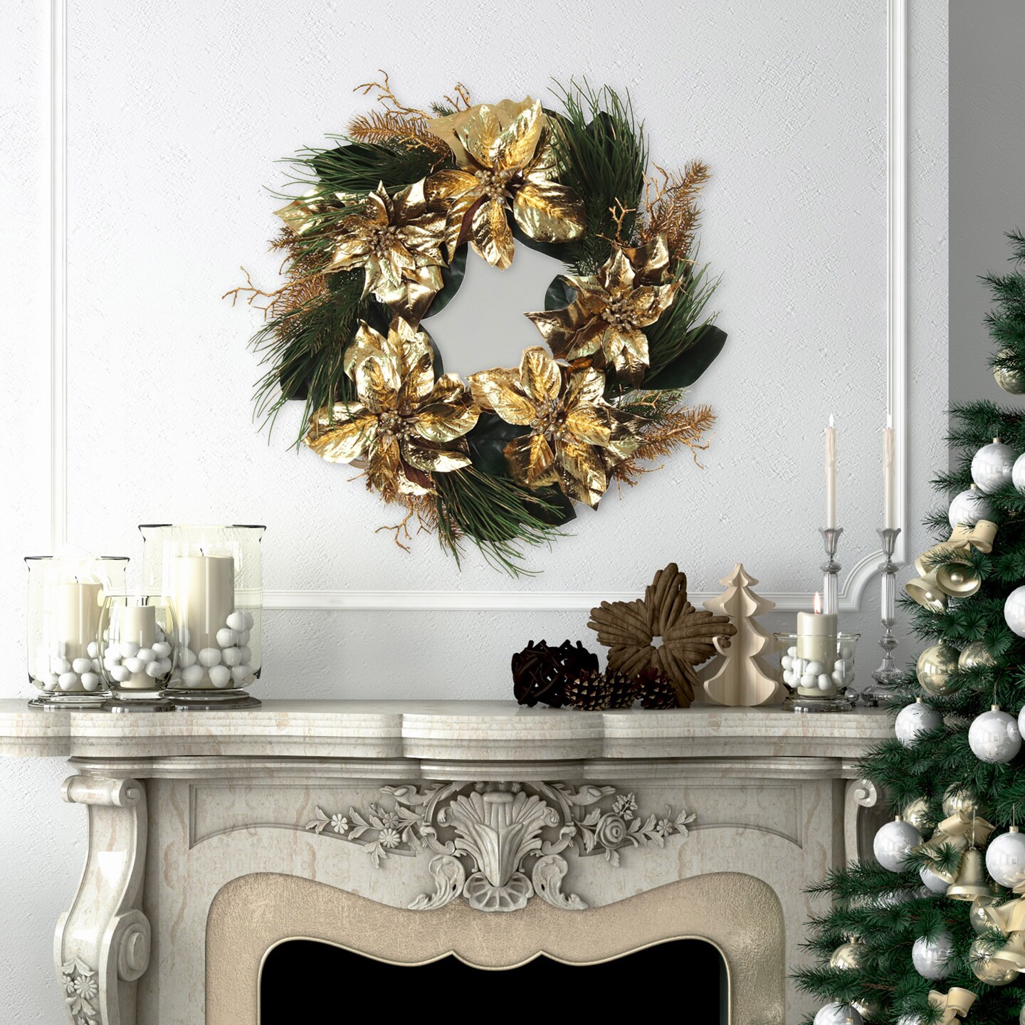 Set of 2: Artificial Pre-Decorated Pine Wreath with Magnolia Flowers &#x26; Foliage | 24&#x22; Wide | Gold | Holiday Accents | Winter | Home &#x26; Office Decor, Floral Home by Artificial Flowers