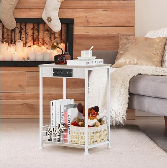 White Nightstand Bedroom End Table with Charging Station Sturdy Bed Side Table for Living Room, Narrow Bedside Night Stands with Storage and USB Ports for Small Spaces Sofa Couch