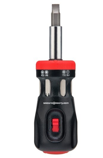 Stubby Ratcheting Screwdriver Kit includes a 12-in-1 Mini Bit Set with Flathead, Hex, Torx, and Pozidriv Tips.