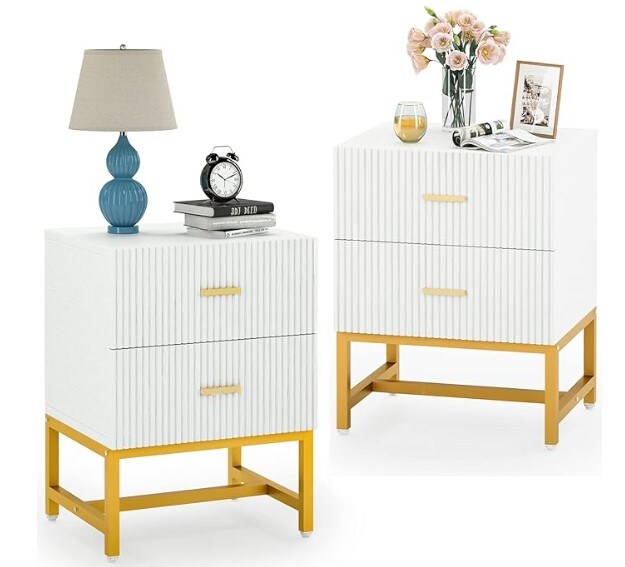 Modern Striped Night Stands Bed Side Table with Storage, White and Gold End Table Wood Metal Side Table for Living Room, Bedroom