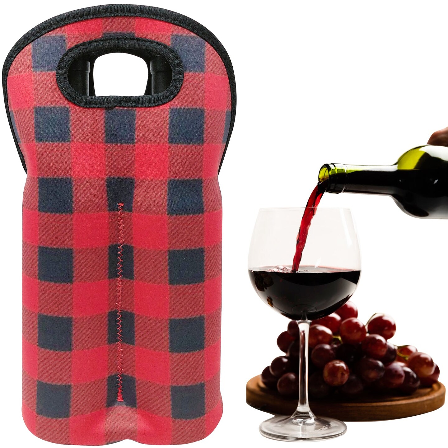 Wrapables Insulated Neoprene Wine Tote, Two Bottle / Red Checkers