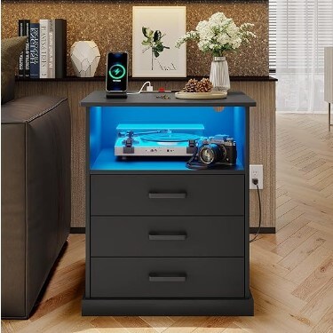 Large Bedside Table with 3 Storage Drawers, Black Night Stand for Bedroom, Wider Tabletop