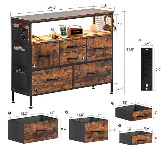 Fabric Chest of Drawers, Rustic Brown, 6 Drawer Dresser with Side Pockets &#x26; Hooks, Wide Dresser with Shelves for 45&#x22; TV, TV Stand for Bedroom with Power Outlets and LED Light