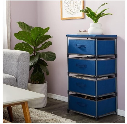4-Tier Drawer Bedroom Dresser, Clothes Organiser, Fabric Storage Tower for Clothing, Linens, Closet, Simple Assembly, Long-Lasting Materials (Navy Blue, Tall, 16.5x13.2x33.4 in)