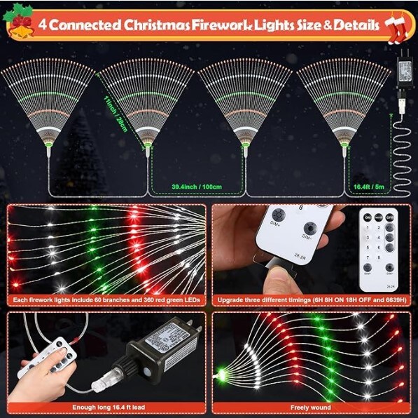 4 Pack 1440 LED Plug-in Christmas Starburst String Lights, Waterproof Hanging Firework Fairy String Lights 8 Modes with Remote Control for Porch Tent Christmas Party Decor (Red, White, Green).