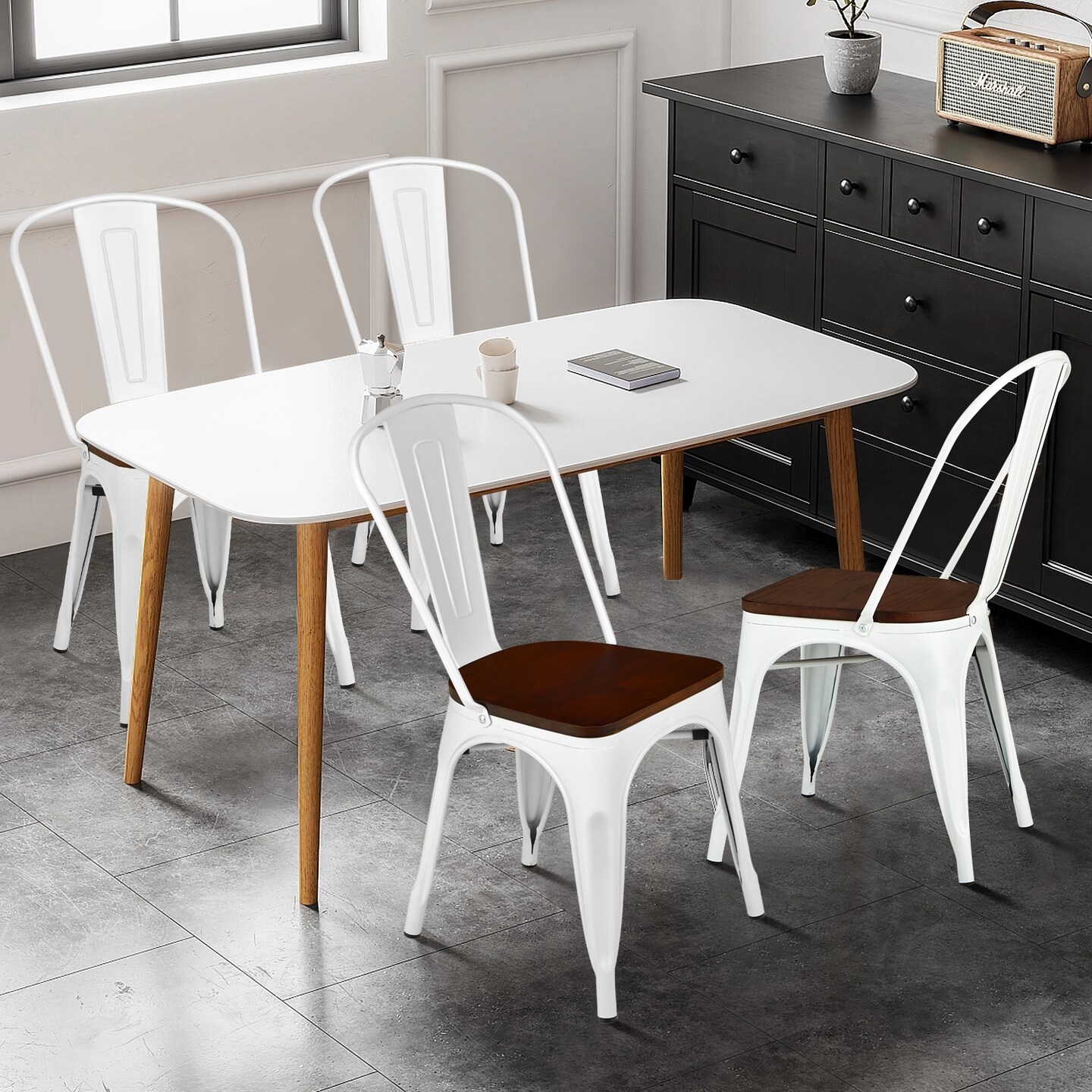 White Elm Metal Dining Chair Set 4pcs Stackable Ergonomic Kitchen Cafe Seats