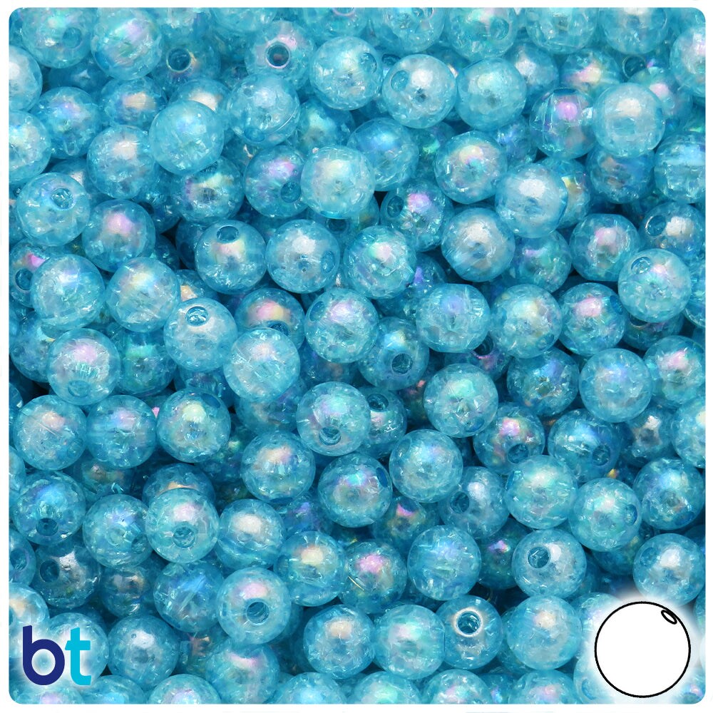 BeadTin Light Turquoise Transparent AB 8mm Round Plastic Craft Beads - Crackle Effect (150pcs)