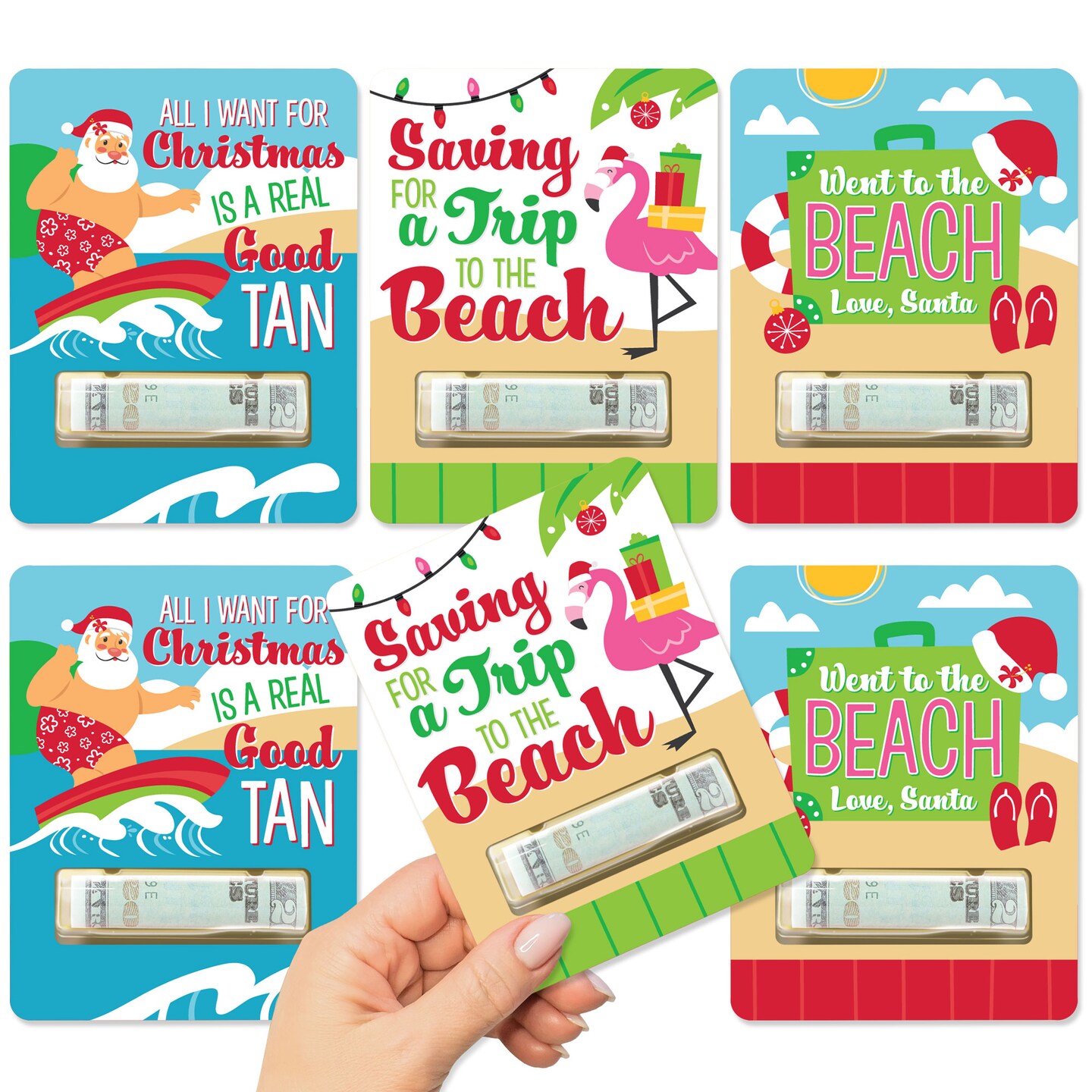 Big Dot of Happiness Tropical Christmas DIY Assorted Beach Santa Holiday Party Cash Holder Gift Funny Money Cards Set of 6