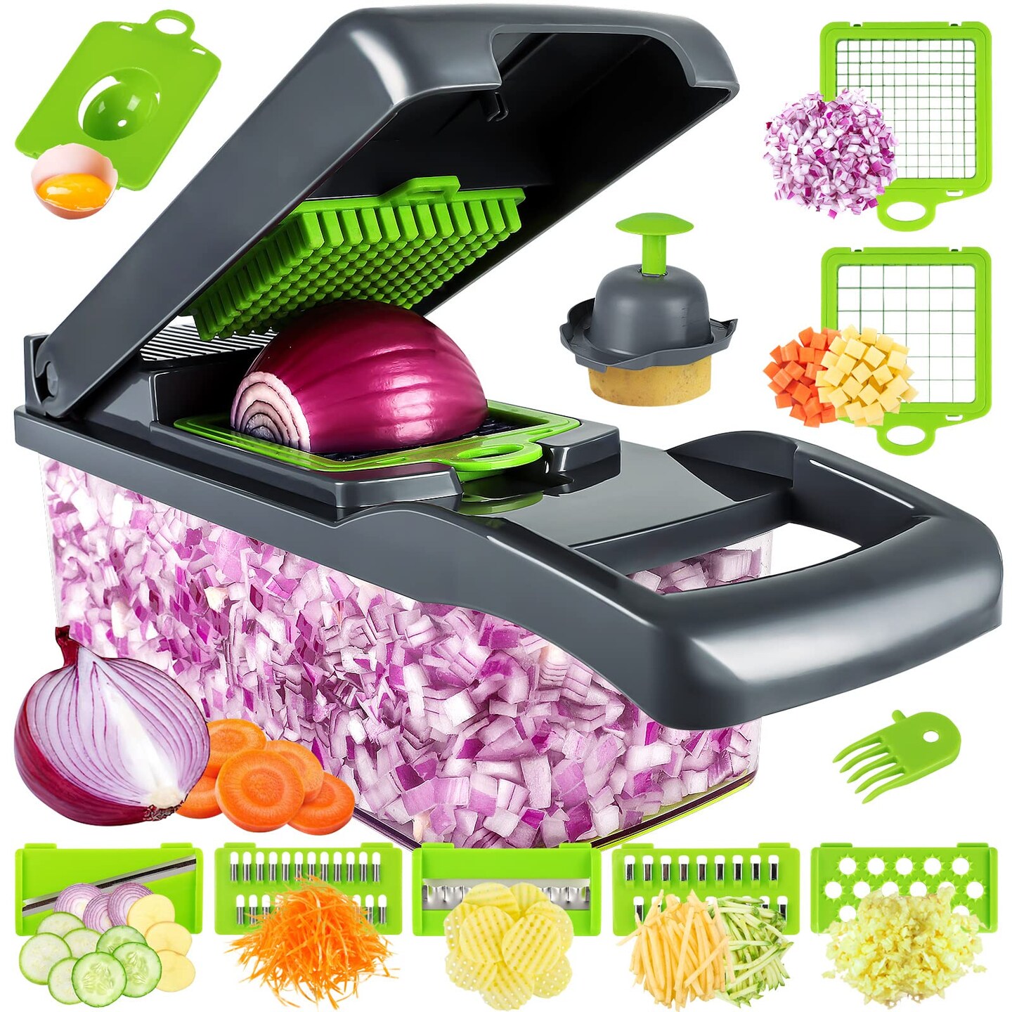 Vegetable Chopper, Pro Onion Chopper, Multifunctional 13 in 1 Food Chopper, Kitchen Vegetable Slicer Dicer Cutter,Veggie Chopper With 8 Blades,Carrot and Garlic Chopper With Container (Gray)