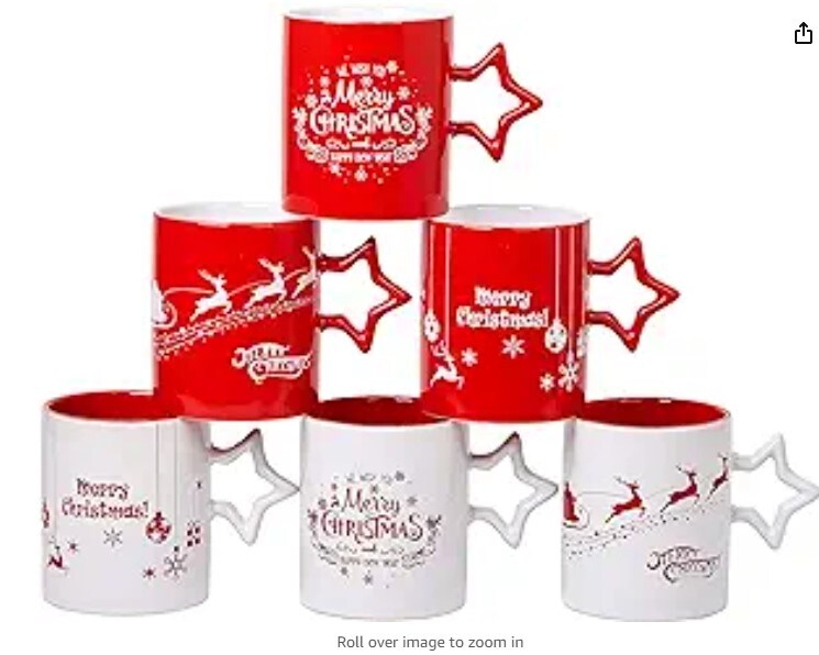 Set of 6 Red and White Christmas Coffee Mugs with Star Handles | Large-sized Christmas Mugs 14 Ounce Novelty Christmas Cups for the New Year - Decorative DIY Cute Christmas Mugs For Hot Or Cold Drinks