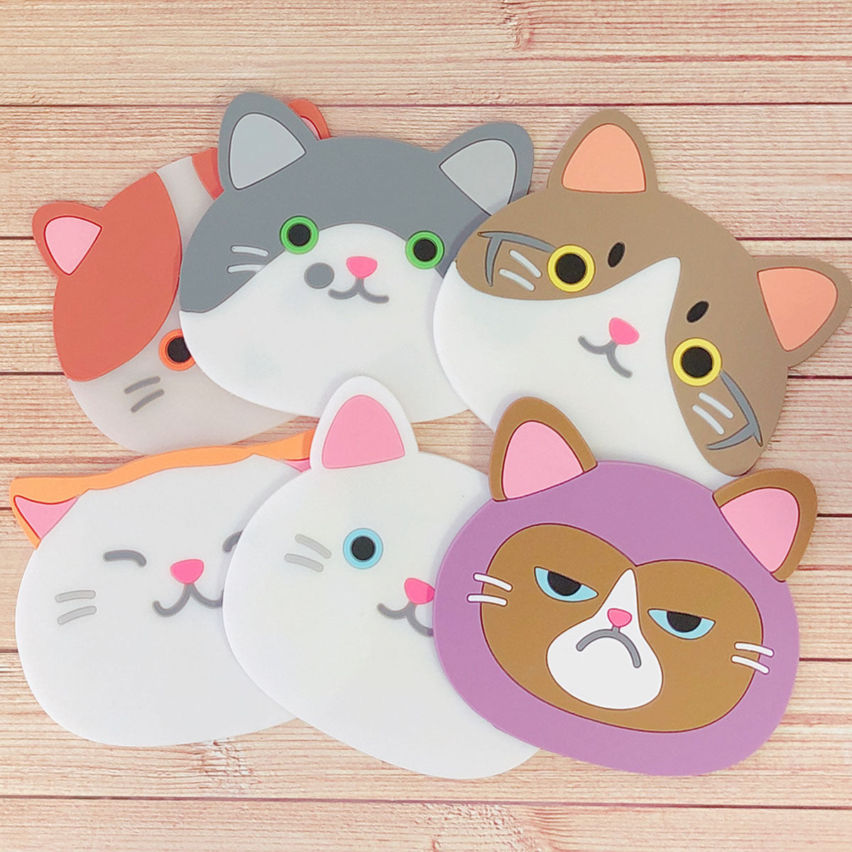 Wrapables Silicone Cute Cat Coasters for Glasses, Cups, and Drinks (Set of 6)