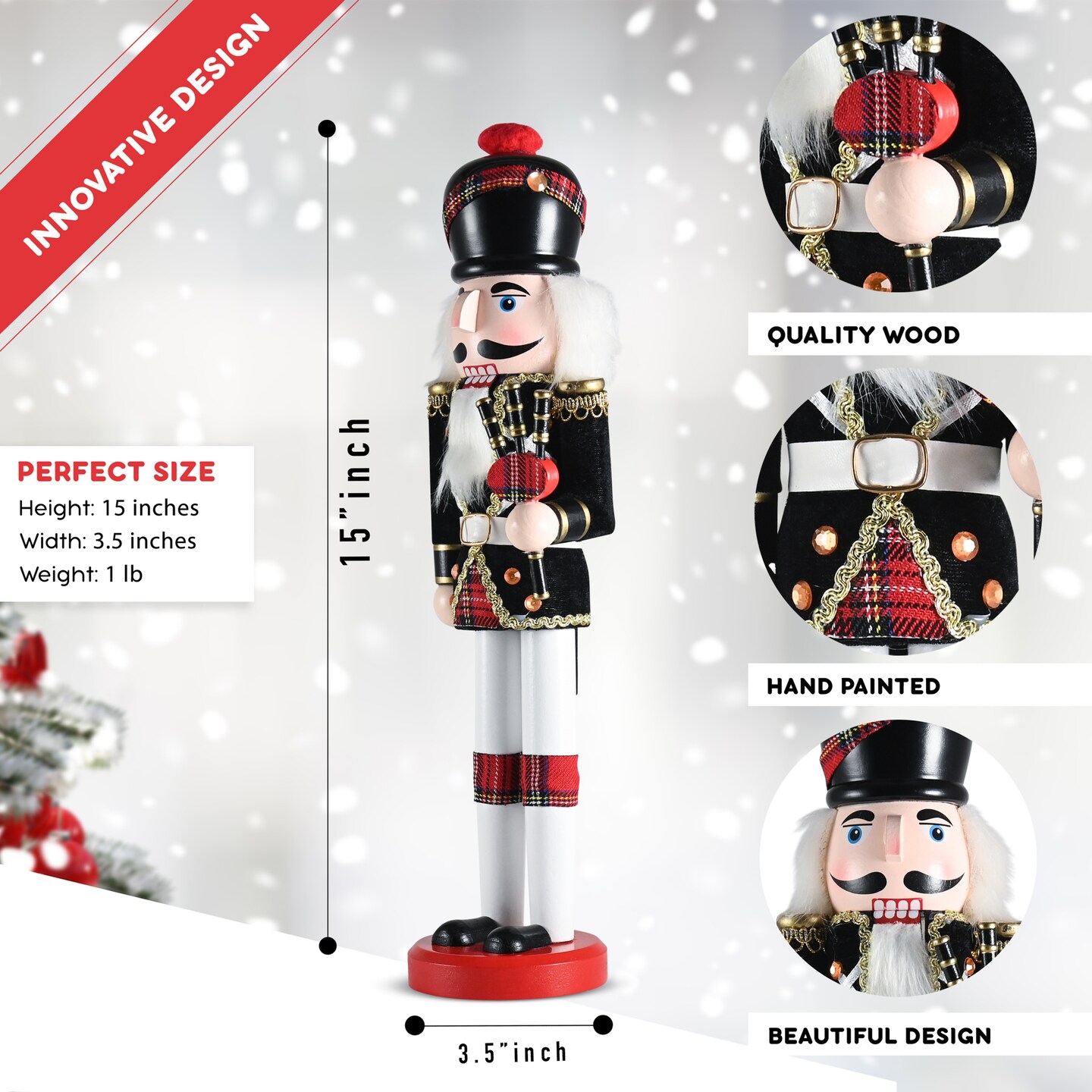 Ornativity Christmas Bagpipe Soldier Nutcracker &#x2013; Red and Black Wooden Nutcracker Soldier with Bagpipe Xmas Themed Holiday Nut Cracker Doll Figure Decorations