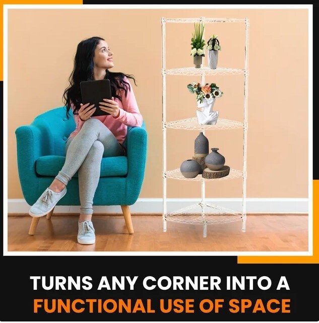 5-Shelf Steel Corner Wire Shelving Unit, 14"W x 14"D x 47"H, White