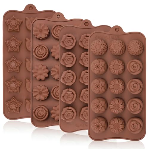 JOERSH Silicone Chocolate Molds for Fat Bombs Snacks &#x26; Truffles, 4PCS Flower Shape Silicone Molds Caramel Hard Candy Mold (11 Different Flowers)
