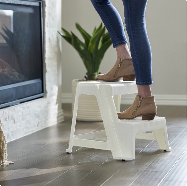 Sturdy Non Slip Plastic 2-Level Home Step Stool, 18.75-Inch Tall, White