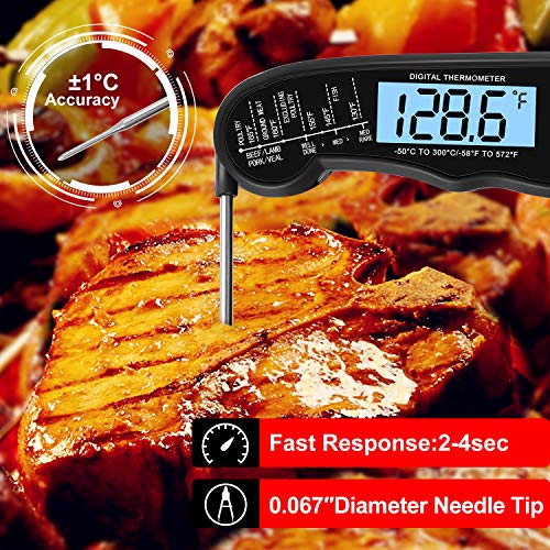 Waterproof Digital Instant Read Meat LCD Thermometer with 4.6” Folding Probe Backlight & Calibration Function for Cooking Food Candy, BBQ Grill, Liquids,Beef(Black)