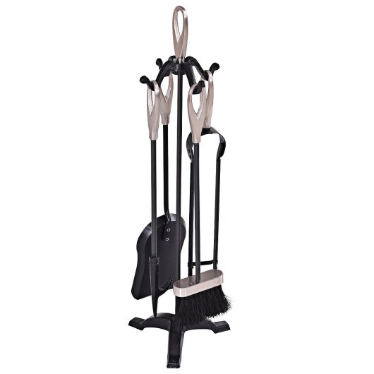 5 Piece Stylish Silver Iron Fireplace Tools Set