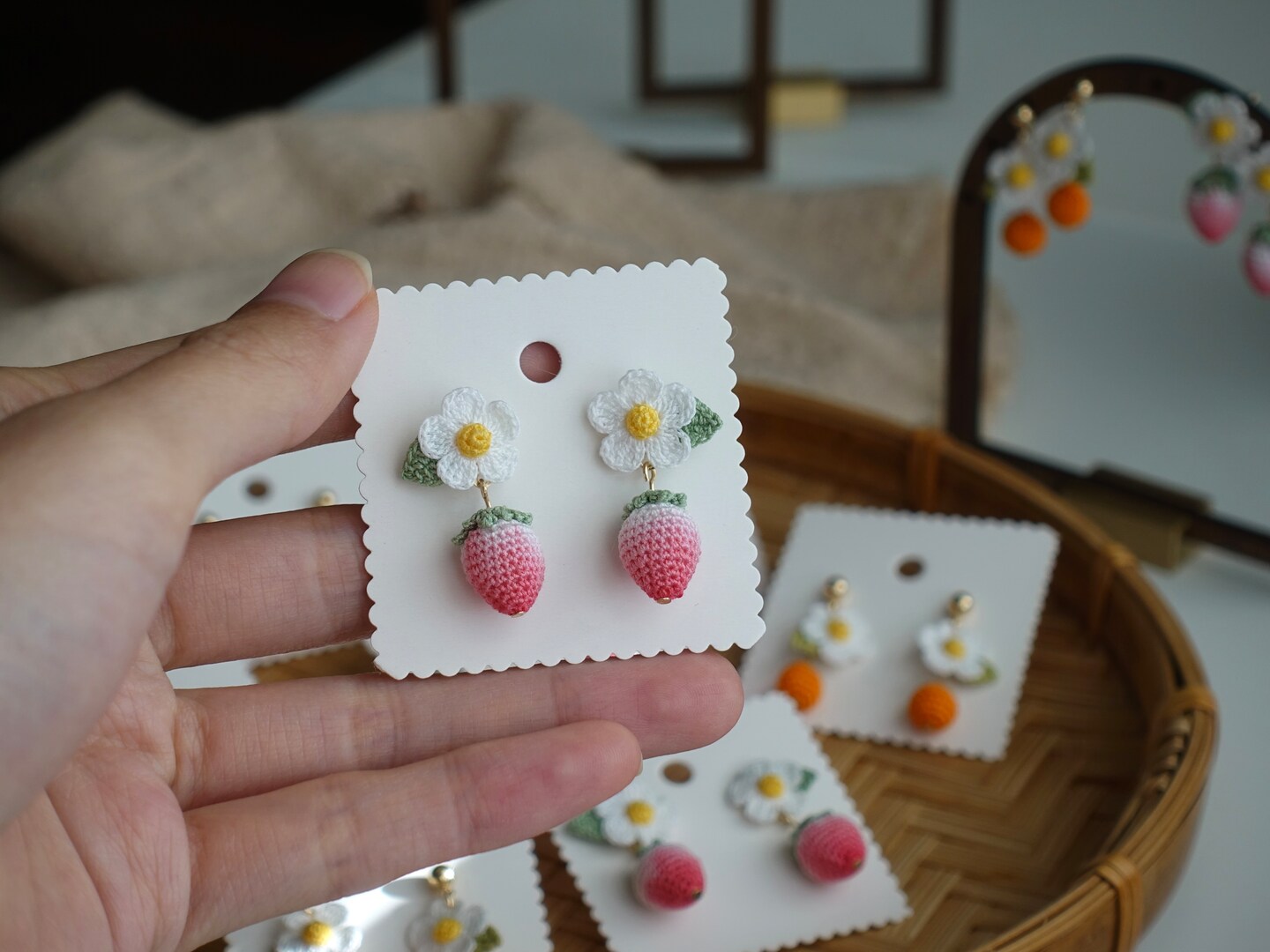 Micro Crochet Earrings, Strawberry Or Orange with flower and leaves, Handmade jewelry, Great Gifts For Her, Sweet and Fresh Style 269734338406596608