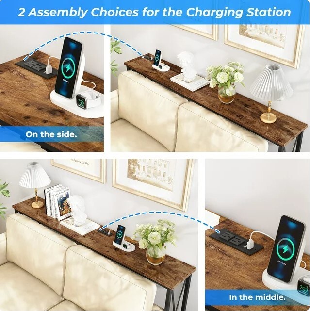 Entryway Table with Metal Frame, X-Shaped Design, 2 Outlets &#x26; 2 USB Ports, Narrow Sofa Table for Living Room, Hallway, Rustic Brown 70 inch Console Table with Power Outlets