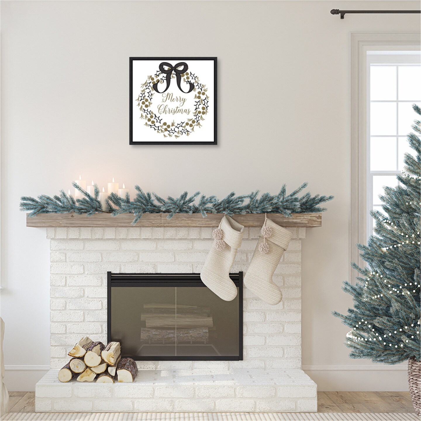 Merry Christmas Wreath by Andi Metz 22-in. W x 22-in. H. Canvas Wall Art Print Framed